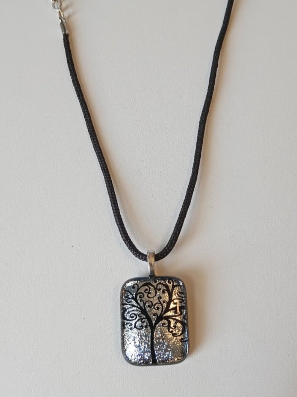 "Tree of Life" Laser Etched Fused Dichroic Glass Black 20" Cord Good Energy